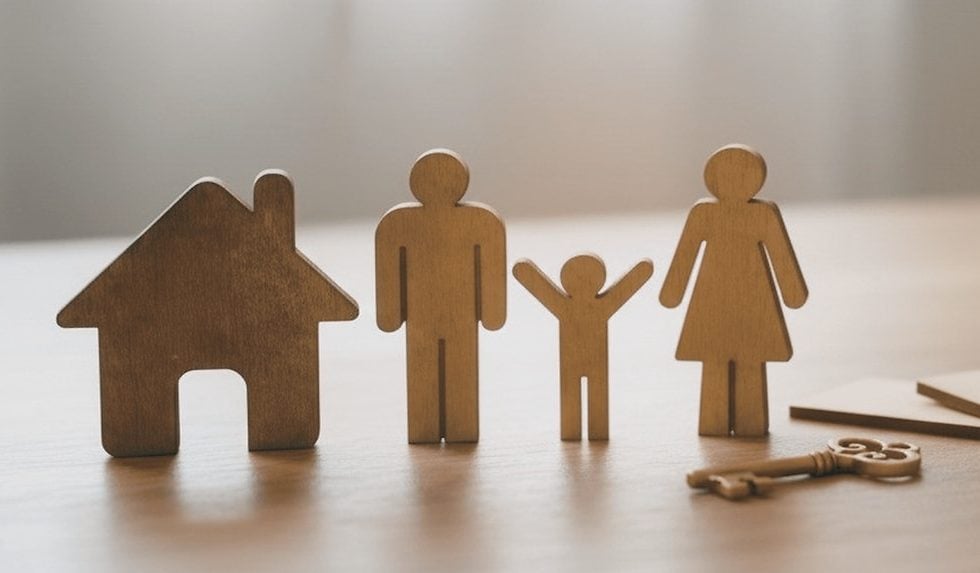 Wooden family figures and house with keys on table.