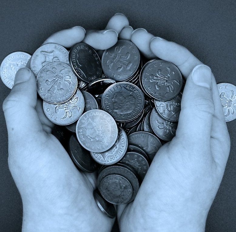 a person holding a bunch of coins in their hands